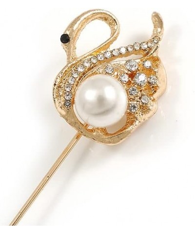 Gold Tone Crystal, Pearl Swan Lapel, Hat, Suit, Tuxedo, Collar, Scarf, Coat Stick Brooch Pin - 65mm L $14.60 Brooches & Pins