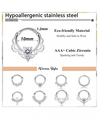 6-9 PCS 16G Septum Clicker Rings Stainless Steel Hoop Hinged Segment Nose Rings For Women CZ Cartilage Tragus Hoop Helix Dait...