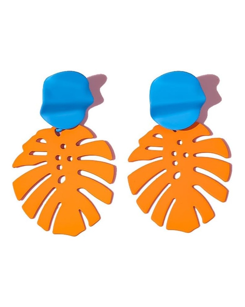 Maka Turtle Back Leaf Hollow Ear Studs Exaggerate Geometry Vintage Color Leaf Earrings Royal blue+Ginger yellow $5.12 Earrings