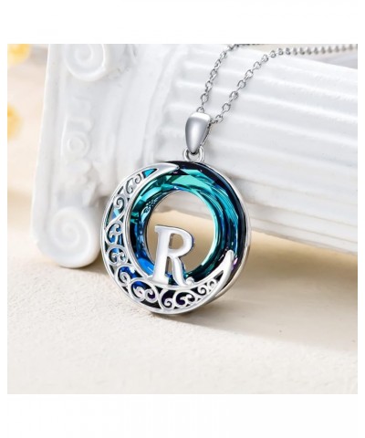 Crescent Moon Necklace with A-Z Initial Letter Pendant 925 Sterling Silver Circle Blue Crystal Jewelry Birthday Gift for Wome...