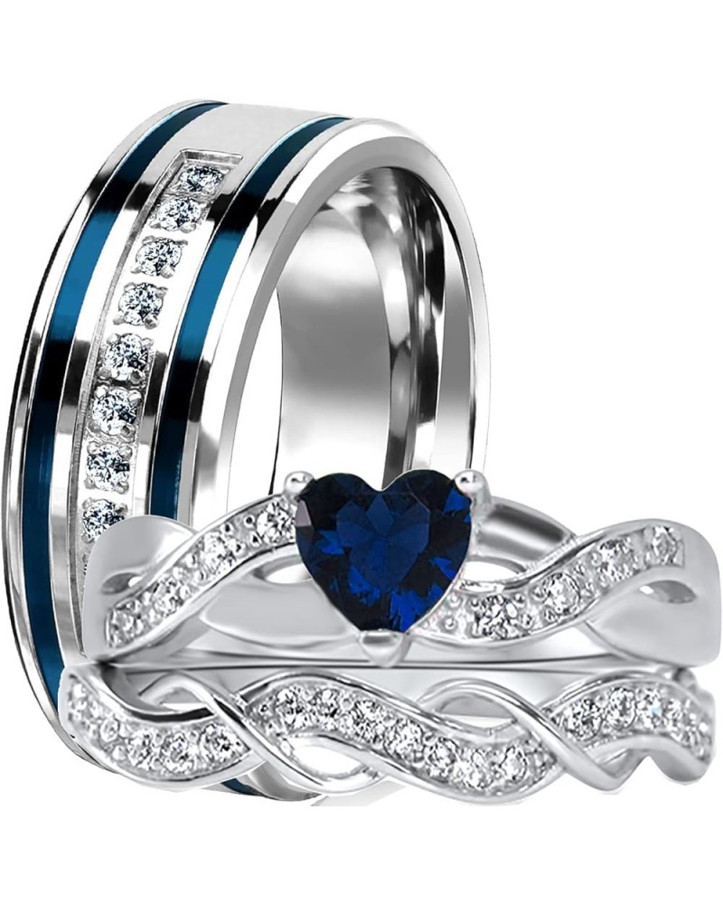 His and Hers 3 Piece Trio Sterling Silver Blue Wedding Band Engagement Ring Set Her 5 - His 13 $26.65 Sets