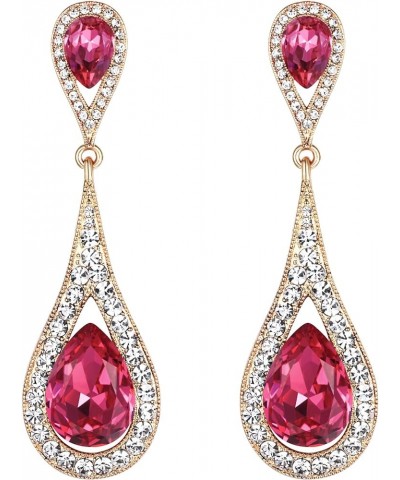 Women's Jewelry Austrian Crystal Elegant Dual Teardrop Wedding Bride Pierced Dangle Earrings Fuchsia Gold-Tone $12.87 Earrings