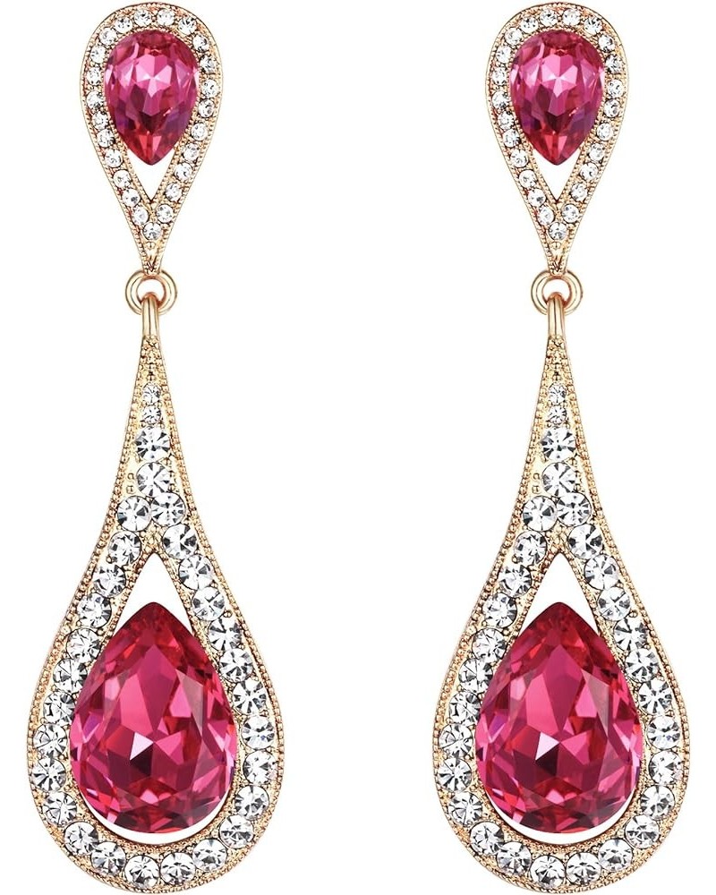 Women's Jewelry Austrian Crystal Elegant Dual Teardrop Wedding Bride Pierced Dangle Earrings Fuchsia Gold-Tone $12.87 Earrings