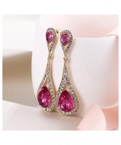 Women's Jewelry Austrian Crystal Elegant Dual Teardrop Wedding Bride Pierced Dangle Earrings Fuchsia Gold-Tone $12.87 Earrings