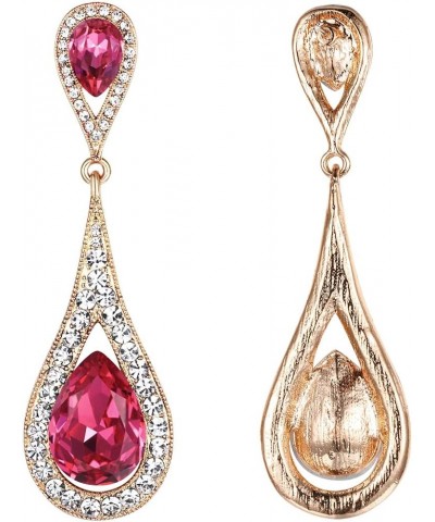 Women's Jewelry Austrian Crystal Elegant Dual Teardrop Wedding Bride Pierced Dangle Earrings Fuchsia Gold-Tone $12.87 Earrings