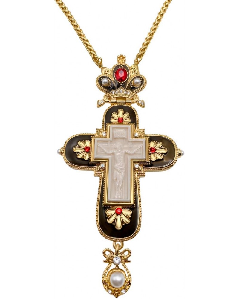 Store Jesus Pectoral Cross Black Enamel Crystallized Red Stones Christian Priest Bishop Crucifix Pendant Necklace 24" in Gift...