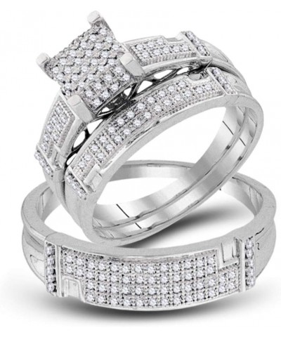 10kt White Gold Trio His & Hers Round Diamond Square Matching Bridal Wedding Ring Band Set 1/2 Cttw Women 9 Mens 10.5 $294.06...