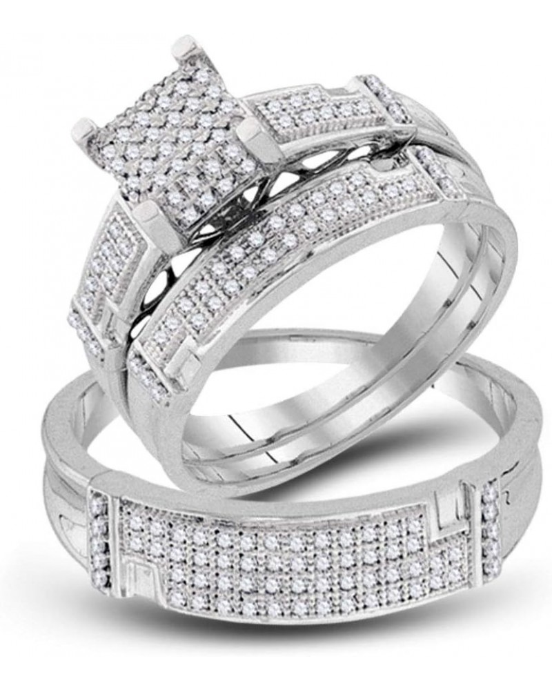 10kt White Gold Trio His & Hers Round Diamond Square Matching Bridal Wedding Ring Band Set 1/2 Cttw Women 9 Mens 10.5 $294.06...