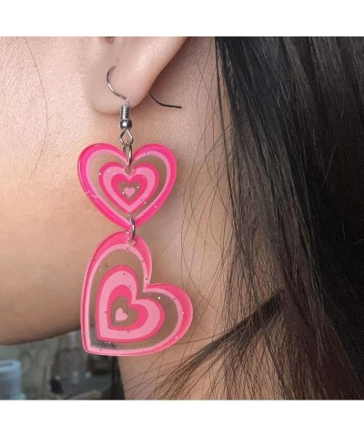 Pink Heart Earrings for Women Hot Pink Heart Dangle Drop Earrings Double Heart Statement Earrings Cute Acrylic Love Heart Dan...