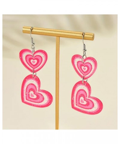 Pink Heart Earrings for Women Hot Pink Heart Dangle Drop Earrings Double Heart Statement Earrings Cute Acrylic Love Heart Dan...