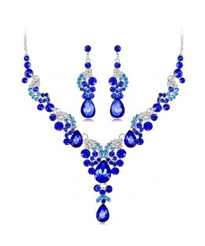 Bride Wedding Crystal Necklace Earrings Set Wedding Flower Choker Necklaces Pendant Jewelry for Women and Girls (Blue) Blue $...