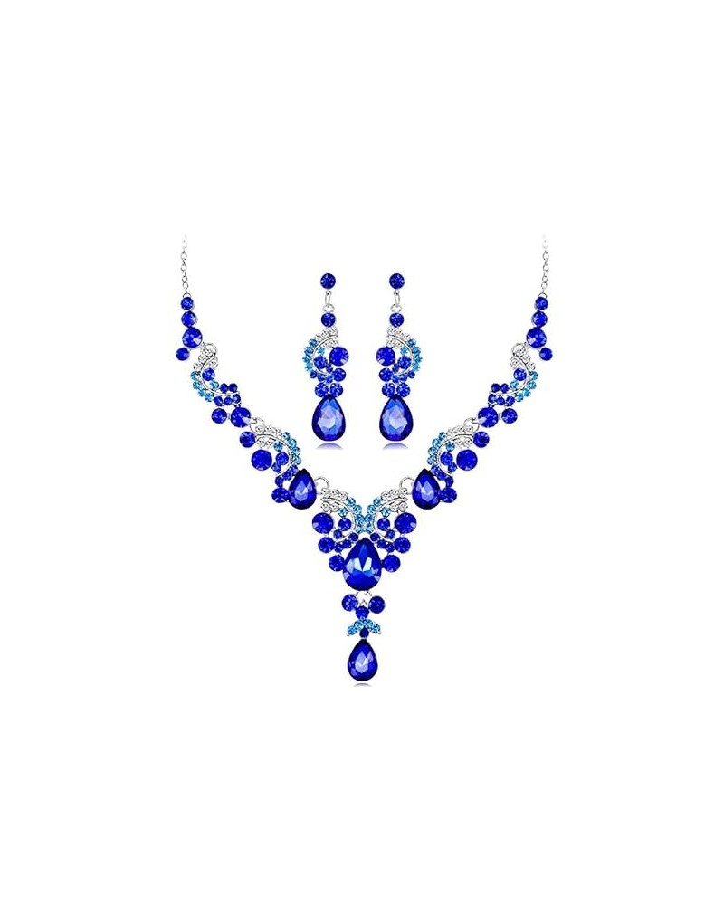 Bride Wedding Crystal Necklace Earrings Set Wedding Flower Choker Necklaces Pendant Jewelry for Women and Girls (Blue) Blue $...