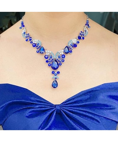 Bride Wedding Crystal Necklace Earrings Set Wedding Flower Choker Necklaces Pendant Jewelry for Women and Girls (Blue) Blue $...