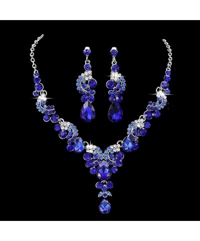 Bride Wedding Crystal Necklace Earrings Set Wedding Flower Choker Necklaces Pendant Jewelry for Women and Girls (Blue) Blue $...