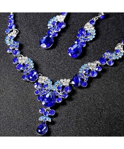 Bride Wedding Crystal Necklace Earrings Set Wedding Flower Choker Necklaces Pendant Jewelry for Women and Girls (Blue) Blue $...