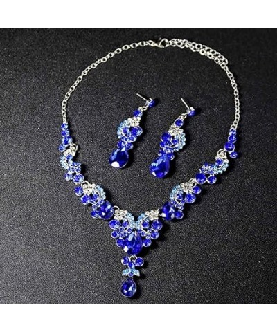 Bride Wedding Crystal Necklace Earrings Set Wedding Flower Choker Necklaces Pendant Jewelry for Women and Girls (Blue) Blue $...