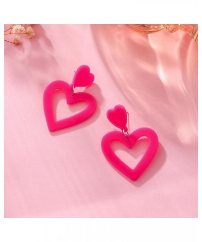 Hot Pink Heart Earrings Double Heart Earrings Dangling Heart Drop Earrings For Women Love Heart Dangle Earrings Valentine's D...