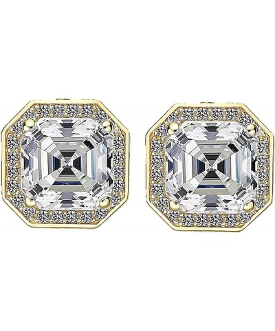 14K Solid Gold Post & Sterling Silver Asscher Cut Halo CZ Stud Earrings 0.80-4.00cttw Cubic Zirconia 14k gold post - yellow 3...