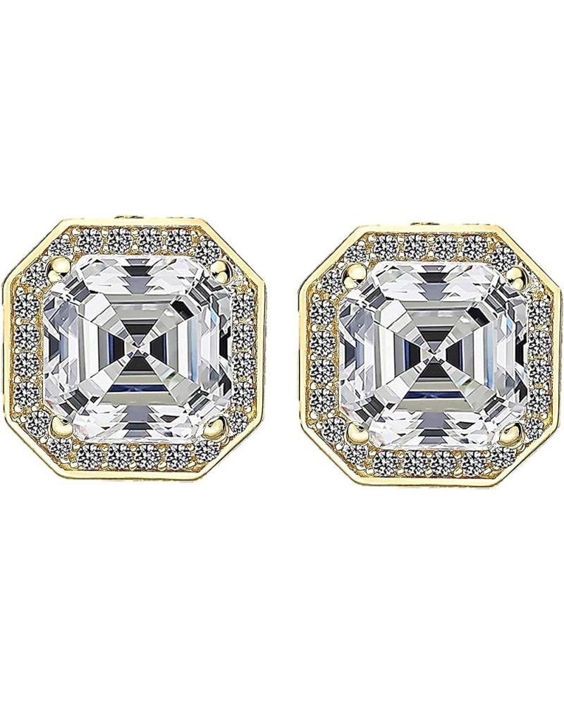 14K Solid Gold Post & Sterling Silver Asscher Cut Halo CZ Stud Earrings 0.80-4.00cttw Cubic Zirconia 14k gold post - yellow 3...