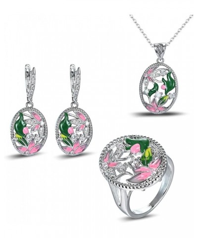 925 Sterling Silver Plated Leaf Flower Floral Plant Rings Colorful Enamel Jewelry Set CZ Simulated Diamond Statement Ring for...