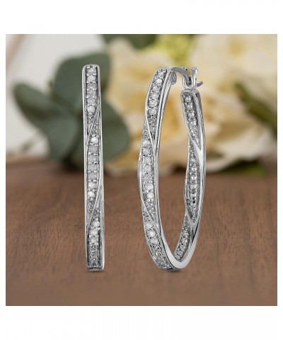 Large Twisted Oval 1/4 Cttw Diamond Hoop Earrings for Women in 925 Sterling Silver White $57.47 Earrings