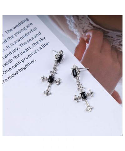 Vintage Onyx Cross Dangle Earrings Black Crystal Cross Earrings Silver Cz Cross Drop Earrings Religious Crucifix Earrings Jew...