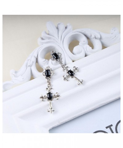 Vintage Onyx Cross Dangle Earrings Black Crystal Cross Earrings Silver Cz Cross Drop Earrings Religious Crucifix Earrings Jew...