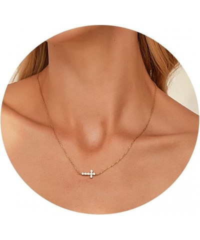 Dainty Cross Necklace for Women Girls - 18K Real Gold Plated Choker Layered Silver/Gold Cute Sideways, Cubic Zirconia Cross P...