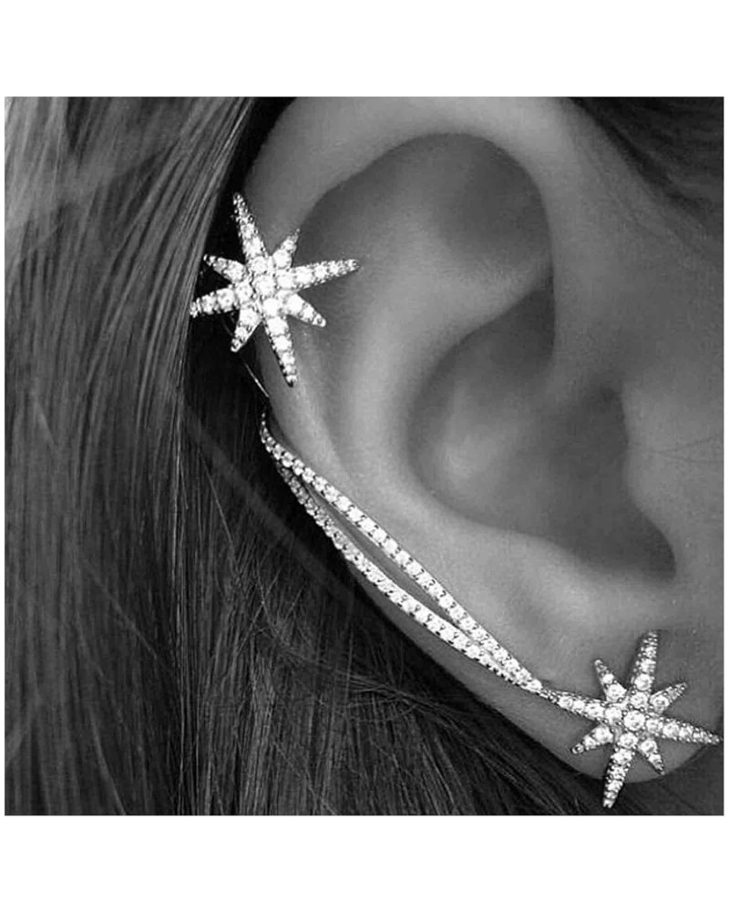 Crystal Northstar Cuff Earrings Silver Star Ear Climber Earrings Boho Cz Cartilage Ear Crawler Earrings Punk North Star Clip ...