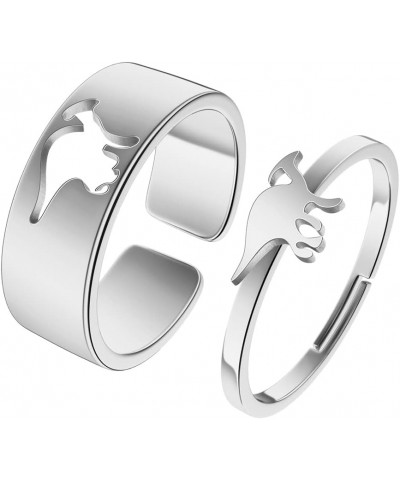 2PCS Matching Cute Animals Promise Engagement Rings for Couples Men Women Jewelry Band Sets 316L Stainless Steel Adjustable O...