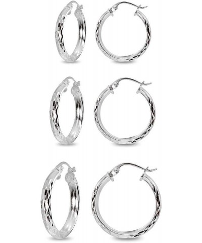 Sterling Silver 3mm Diamond-Cut Half Round Click-Top Small Hoop Earrings, Choose a Size or Hoop Set 3 Pr, 15mm-20mm-25mm / Si...