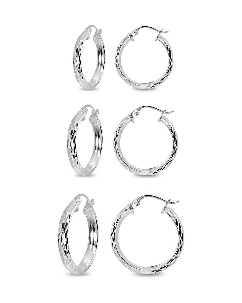 Sterling Silver 3mm Diamond-Cut Half Round Click-Top Small Hoop Earrings, Choose a Size or Hoop Set 3 Pr, 15mm-20mm-25mm / Si...