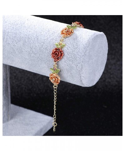 Flower Bracelet,Colorful Link Bracelets Rose Flower Leaf Bangle Bracelet Anklet Cloisonne National Chain Hand Jewelry With Ch...