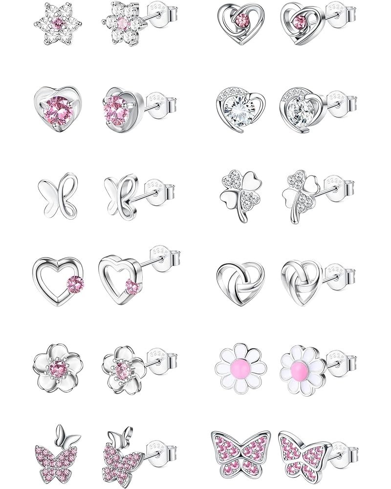 6/16 Pairs Hypoallergenic Silver Stud Earrings for Girls Women Cute Flower Heart Cubic Zirconia Earrings Studs Set Small Cart...