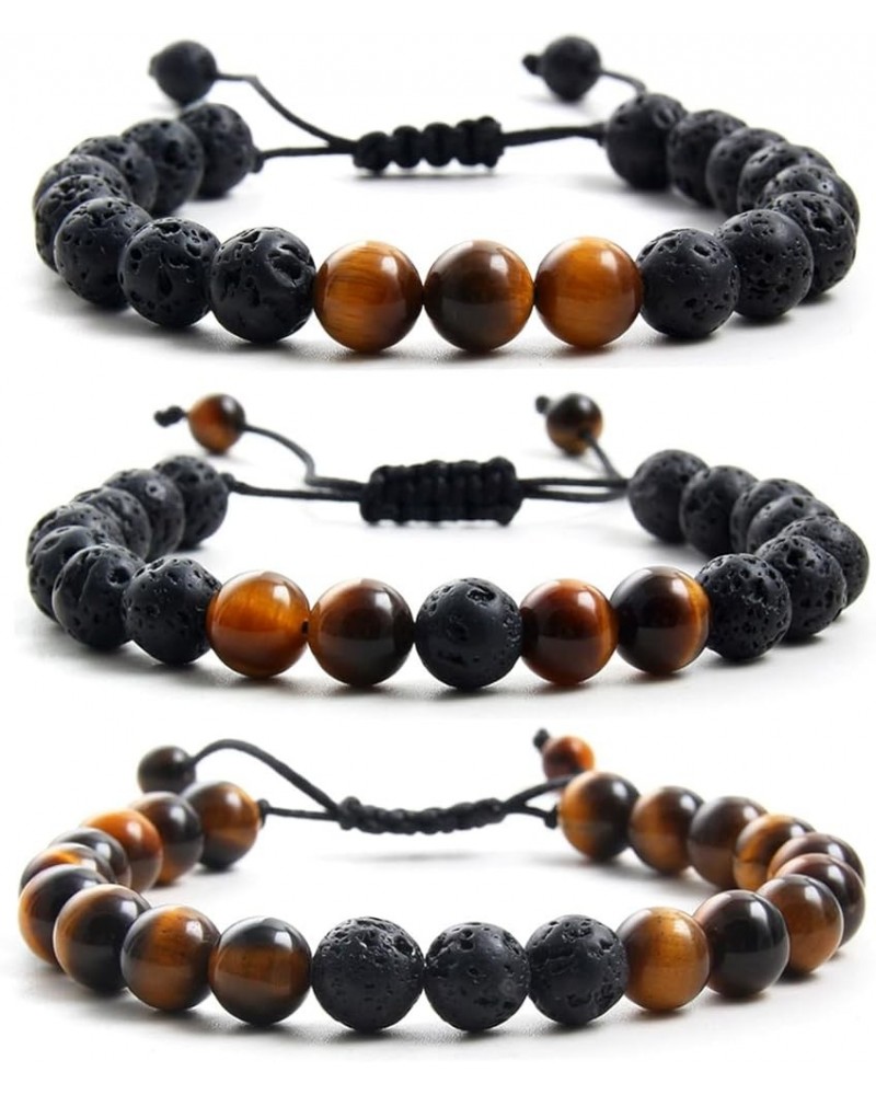 Fashion Natural Stone Beads Bracelets Set For Men-8mm Tiger Eye&Matte Agate &Lava Rock Braclelet Healing Essential Oil Diffus...