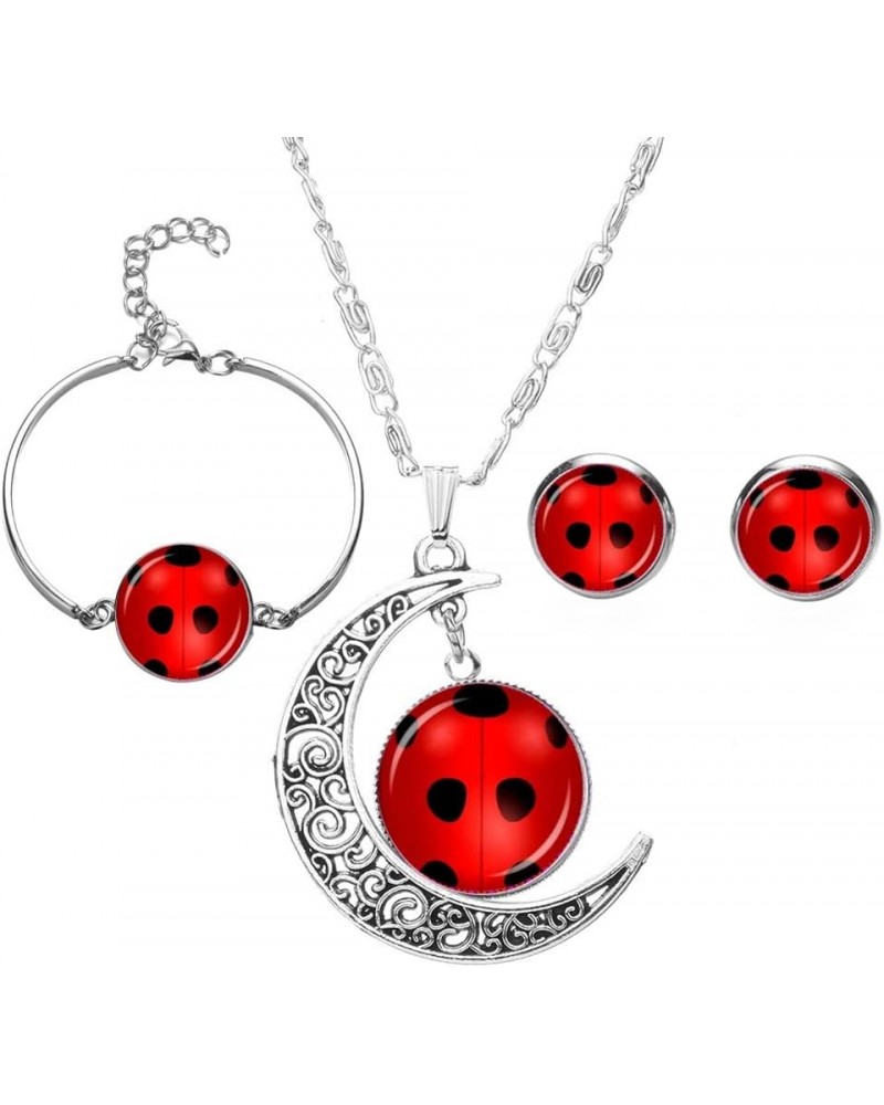 Red Ladybug Crescent Pendant Necklace Bracelet Stud Earrings Set Bling Necklace Bracelet Earrings Jewelry Set for Women Girls...