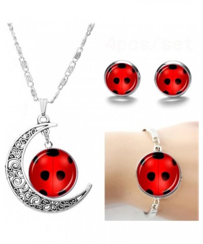 Red Ladybug Crescent Pendant Necklace Bracelet Stud Earrings Set Bling Necklace Bracelet Earrings Jewelry Set for Women Girls...