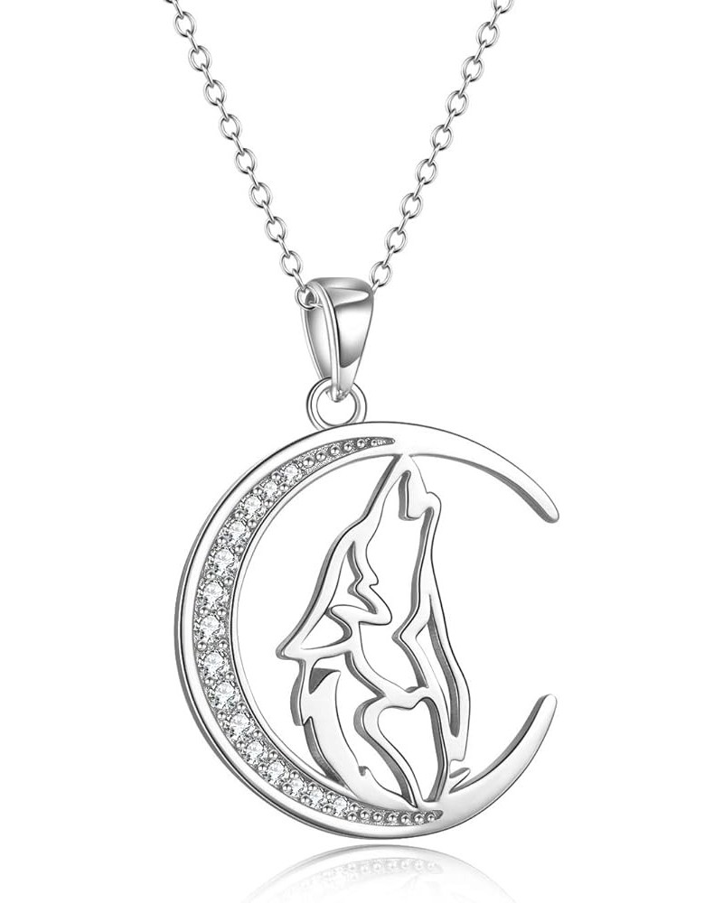 Wolf Pendant Necklace 925 Sterling Silver Cubic Zirconial Wolf Moon Necklace 18" Birthday Day Jewelry for Girlfriend Wife Cre...