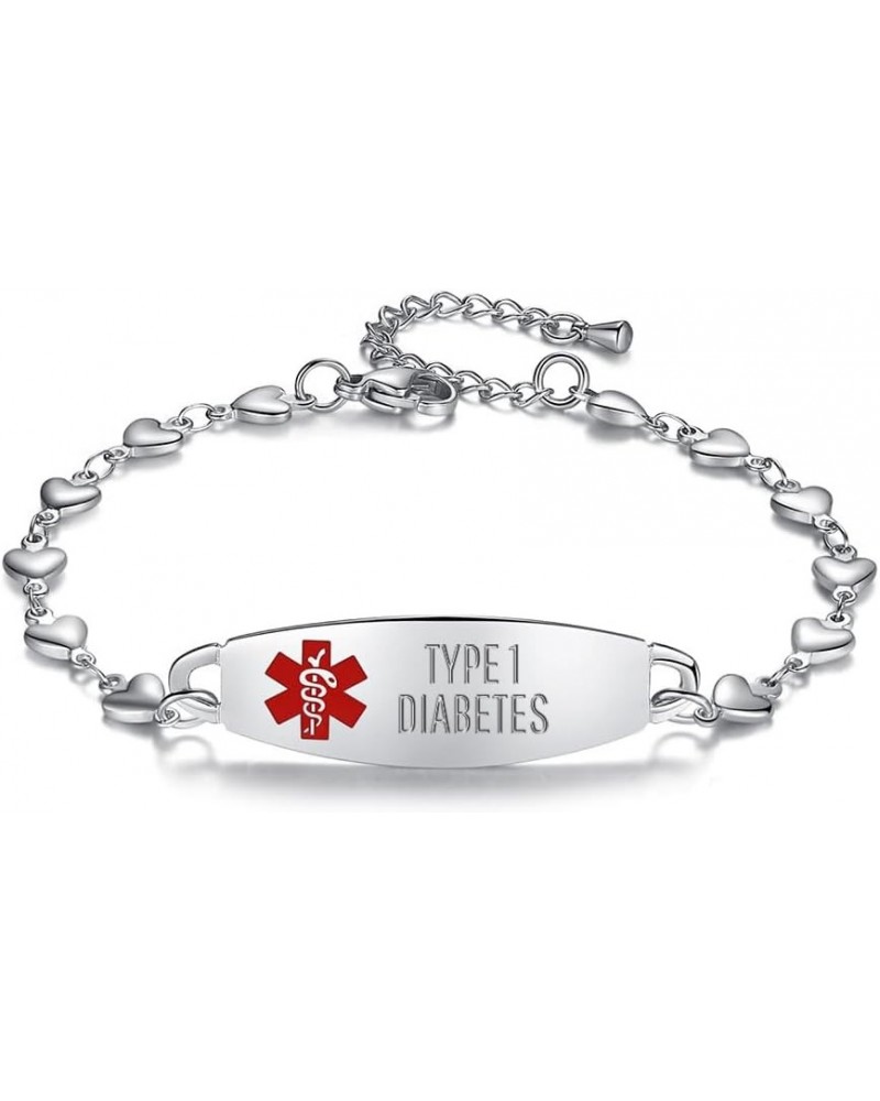 Heart Medical alert bracelet for Women Fashion Medical ID Jewelry 7-8.5 inches adjustable Silver-TYPE 1 DIABETES $16.80 Brace...