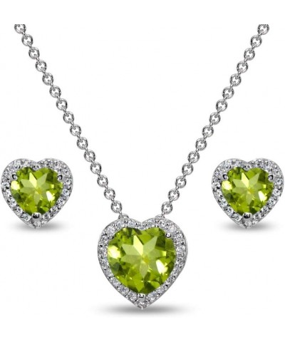 Sterling Silver Genuine or Synthetic Gemstone Halo Heart Necklace & Stud Earrings Set for Women August - Peridot $29.92 Jewel...