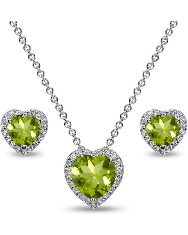 Sterling Silver Genuine or Synthetic Gemstone Halo Heart Necklace & Stud Earrings Set for Women August - Peridot $29.92 Jewel...