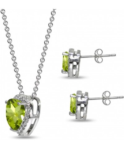 Sterling Silver Genuine or Synthetic Gemstone Halo Heart Necklace & Stud Earrings Set for Women August - Peridot $29.92 Jewel...