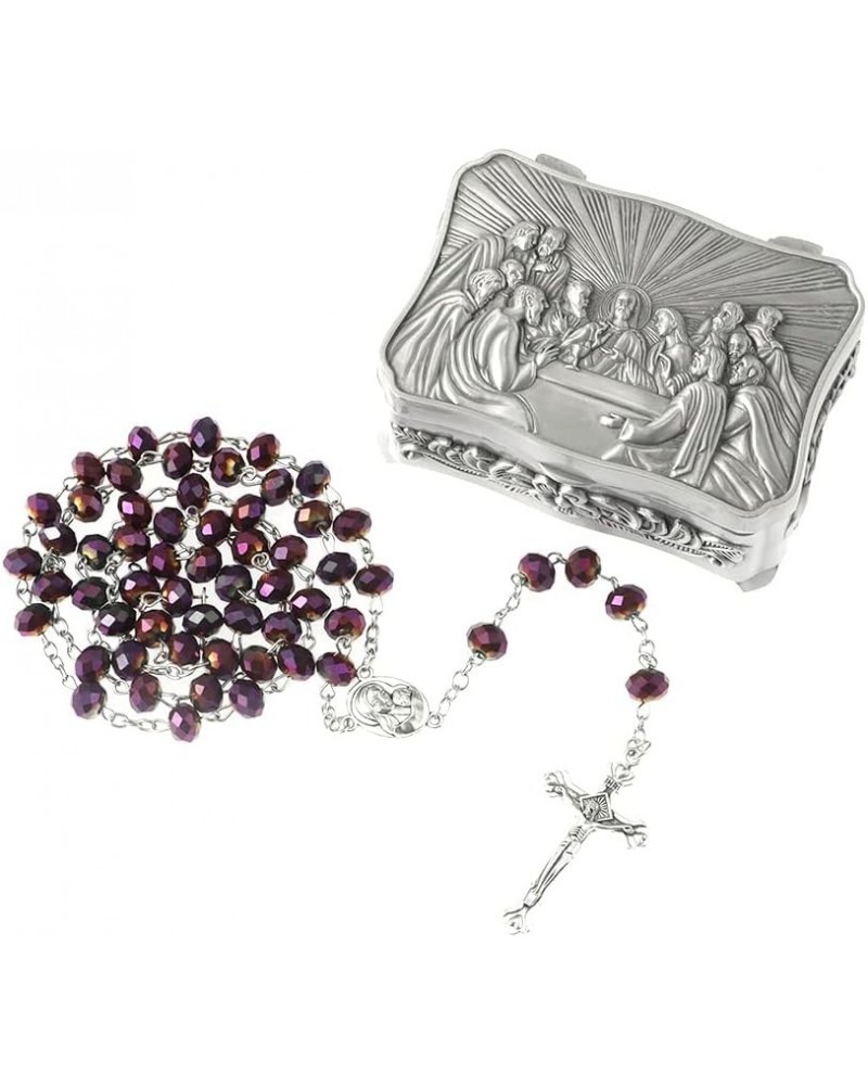 Rosary Beads Catholic for Women With Rosary Box, Blue Crystal Beads Rosary Necklace with Last Supper Vintage Jewelry Box, Ang...