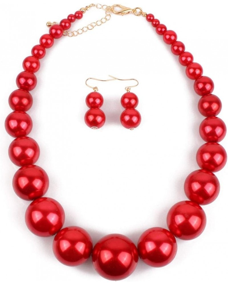 Fashion Jewelry Ladies Women Boho Large Style Big Imitate Pearl Strand Choker Necklace With Earrings Set Red $9.33 Jewelry Sets