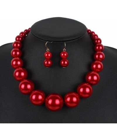 Fashion Jewelry Ladies Women Boho Large Style Big Imitate Pearl Strand Choker Necklace With Earrings Set Red $9.33 Jewelry Sets