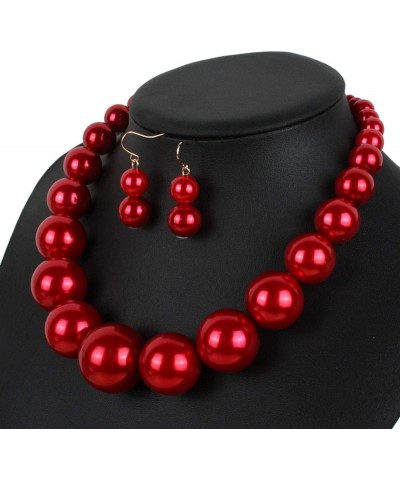 Fashion Jewelry Ladies Women Boho Large Style Big Imitate Pearl Strand Choker Necklace With Earrings Set Red $9.33 Jewelry Sets