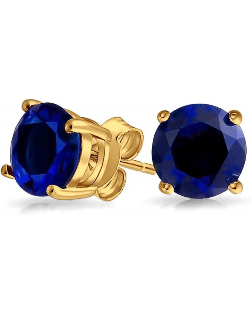 Solitaire Stud Post Earring Round Simulated Blue Sapphire Yellow Tone Plated 925 Sterling Silver 6MM $10.70 Earrings