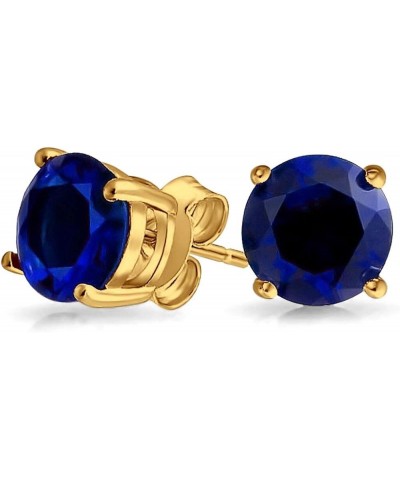 Solitaire Stud Post Earring Round Simulated Blue Sapphire Yellow Tone Plated 925 Sterling Silver 6MM $10.70 Earrings