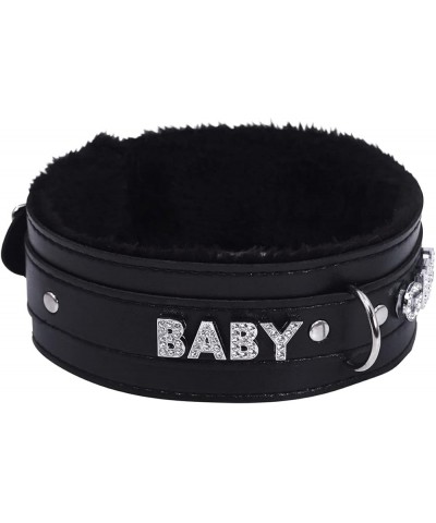 Women Pink Leather Choker Necklace, Punk Gothic Black Fluffy Name Letters Collar Leash Neck Jewelry Black Fluff BABY $10.82 N...