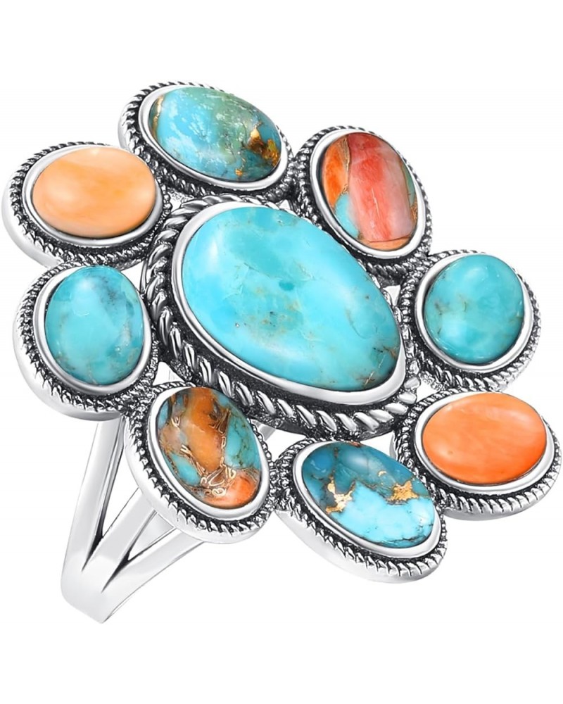 Turquoise/Coral Ring Women's 925 Sterling Silver Turquoise Statement Rings Boho Style Oxidized Silver Flower Ring Valentines ...